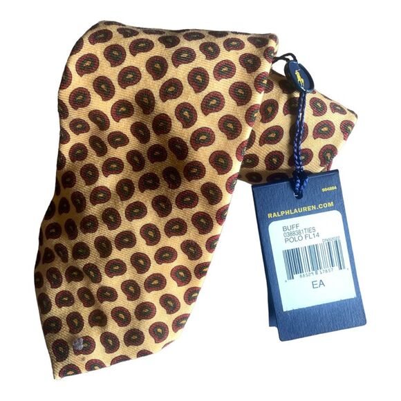 POLO RALPH LAUREN Men's Yellow Print Tie Hand Made in Italy NWT 100% Silk Luxury - Picture 1 of 8